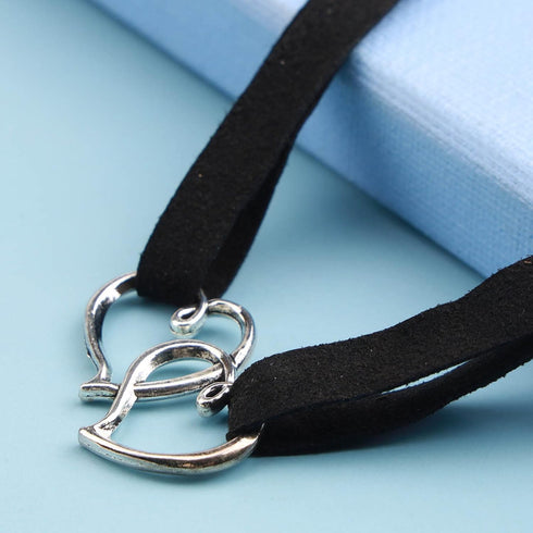 Punk Leather Choker Necklace Silver Heart Collar Chain Necklace Black Hollow Love Heart Necklace Chain Retro Velvet Choker Necklace Chain Jewelry ...