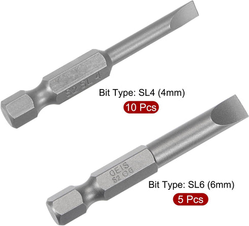 uxcell 4mm and 6mm Magnetic Slotted Screwdriver Bit Set, 1/4" Hex Shank 2" Length S2 Power Tool, 15-Piece...