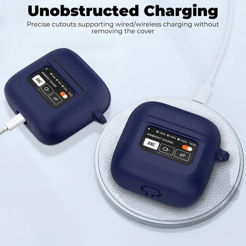 Case Cover for JBL Tour Pro 2, Dark Blue Silicone Protective Shockproof Earbuds Case with Keychain, 2023 Compatible, LCD Touch Screen Visible, Wat...