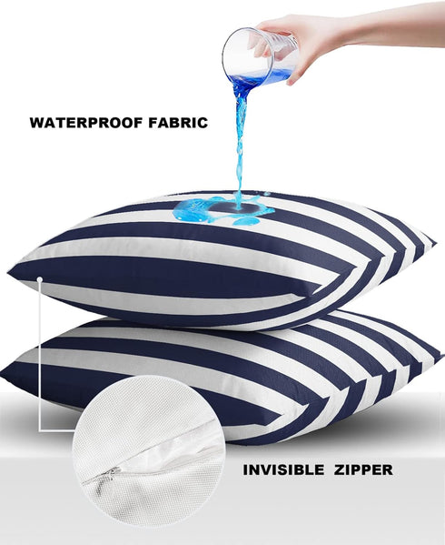Outdoor Waterproof Pillow Covers for Patio Furniture Solid Nautical Striped Decorative Throw Pillow Cover Navy Blue Pillowcases Set of 2 Cushion C...