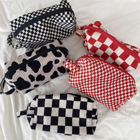 Cow Print Makeup Bag Corduroy Cosmetic Bag Cute Travel Pouch Bags White and Black Checkered Mini Makeup Purse Pouch Makeup Brushes Organizer Bag f...