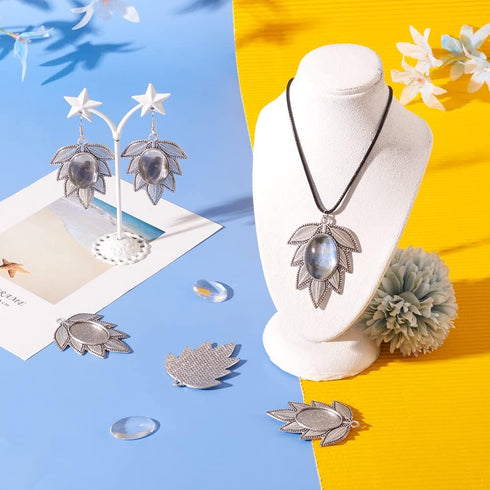 PH PandaHall Pandhall 6 Set Leaf Tibetan Antique Silver Alloy Pendant Cabochon Bezel Settings with Clear Glass Cabochons, Trays: 18x25mm...
