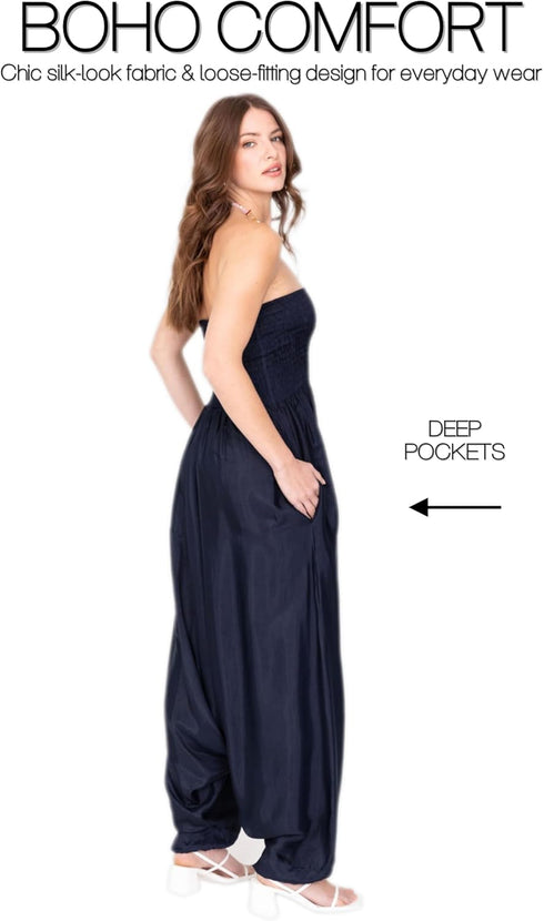 likemary Harem Jumpsuits for Women – Flowy 2-in-1 Romper Converts into Balloon Pants with Pockets in Silk Look Fabric...
