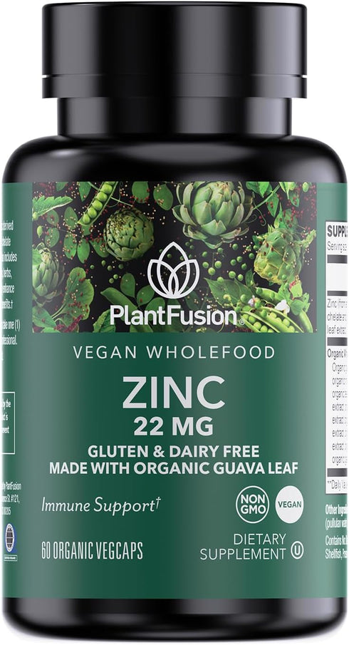 PlantFusion Vegan Zinc Supplements 22 mg – Wholefood Complex, Chelated Zinc Citrate from Organic Guava Leaf for Immune Support, 60 Capsules...