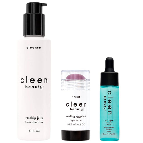 CLEEN BEAUTY Everyday Skincare 3-Piece Set | Rosehip Jelly Face Cleanser, Cooling Eggplant Eye Balm, & Blue Light Defense Serum Set | Paraben Free...
