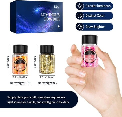 Glow in The Dark Glitter 15 Jar - 12 Colors Glow Glitter and 3 Colors Gold Foil Flakes, High Luminous Glitter for Resin Crafts, Cosmetic, Nail, Gl...