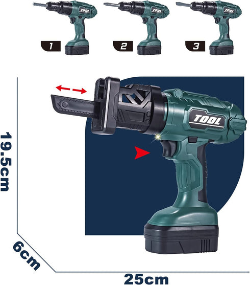 Toy Tool Set Outside Construction Play Tools, Power Saw, Electric Drill include 3 Interchangeable Drill Bits with Light, Sound,Kids Pretend Play D...