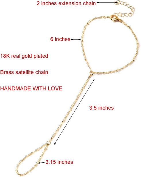 Dainty Gold Hand Chain Bracelet,18K Real Gold Plated Minimalist Handmade Beaded Finger Chain Bracelets for Women...