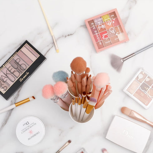 Yesesion Makeup Brush Holder Organizer for Vanity, Plastic Round Cosmetics Brushes Storage with 4 Compartment for Lipsticks, Hair Accessories, Bea...