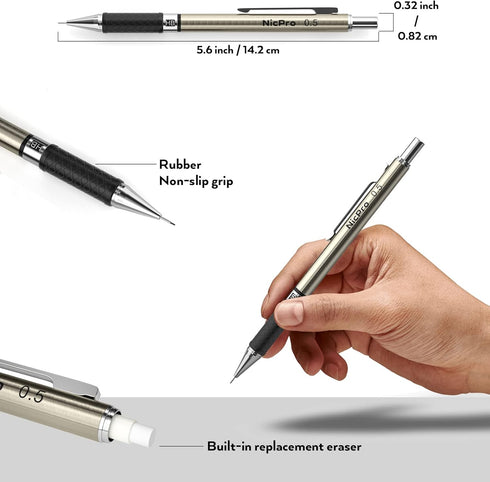 Nicpro 0.5 mm Art Mechanical Pencils Set in Gift Case, 6 PCS Metal Drafting Pencil 0.5mm with 6 Tube HB Lead Refills & 18 PCS Eraser Refills for A...