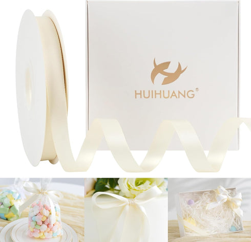 HUIHUANG Ivory Satin Ribbon 1/2 inch X 50 Yards Continuous, Off-White Double-faced Satin Ribbon for Gift Wrapping, Bows, DIY Crafts, Flower Bouque...