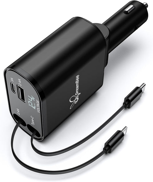 Retractable Car Charger,66W 4 in 1 Super Fast Charge Car Phone Charger,Retractable Cables (31.5 inch) and 2 USB Ports Car Charger Adapter for iPho...