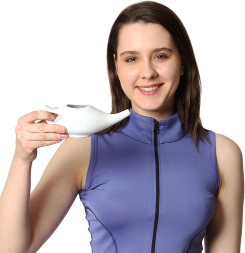 Ceramic Neti Pot Premium Handcrafted, Nose Cleaner for Sinus Dishwasher Safe with 2 Silicone Nozzle Tip, 225 Ml Capacity - White Color...