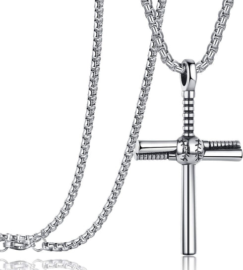 Rehoboth Baseball Bat Cross Pendant Necklace for Men Women with 22+2" Adjustable Stainless Steel Chain Black Gold Silver...