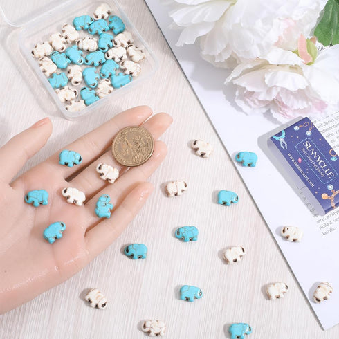 SUNNYCLUE 1 BOX 80PCS Elephant Beads Synthetic Turquoise Animal Beads Gemstone Charms Cute Small Natural Lucky Precious Blue White Stone Loose Spa...