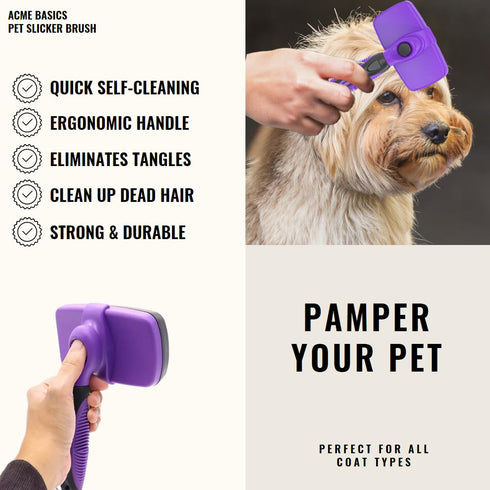 Pet Slicker Grooming Brush by Acme Basics, Deshedder/Cleaning Brush, Comb for Shedding Short/Long Haired Dogs & Cats - Perfect Pet Hair Cleaner & ...