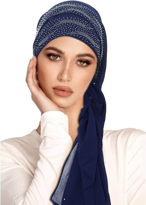 Woeoe Chiffon Muslim Hijab Navy Blue Rhinestone Long Scarf Lightweight Breathable Head Wrap Scarf Shawl for Women and Girls...