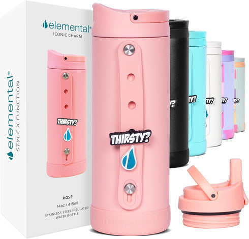 Elemental Iconic Kids Water Bottle with Straw Lid & Charms Strap, Leak-Proof When Closed, Triple Insulated Stainless Steel Reusable Thermos Water ...