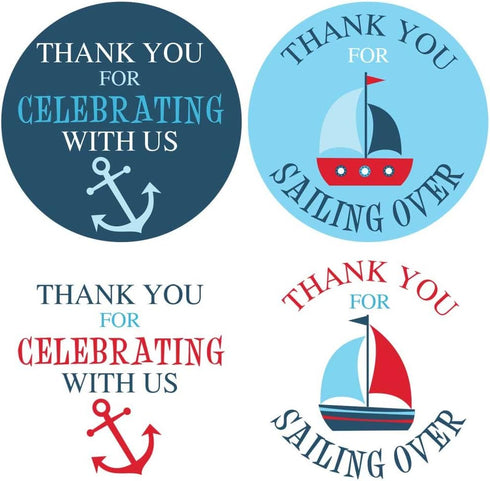 1.9 Inch Thank You Stickers Baby Shower Favor Nautical Boy 60 Labels Navy Blue Red...