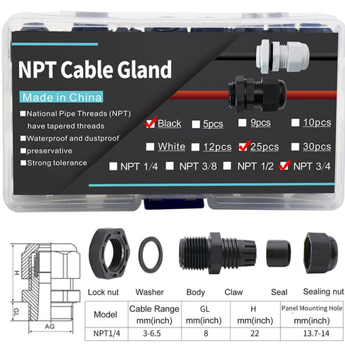 Nylon PA66 Cable Gland Connector,1/2"NPT Waterproof IP68 Cable Glands,Adjustable Locknut,for 6-12mm Outdoor Used in Junction Box (1/2"NPT,White,25...