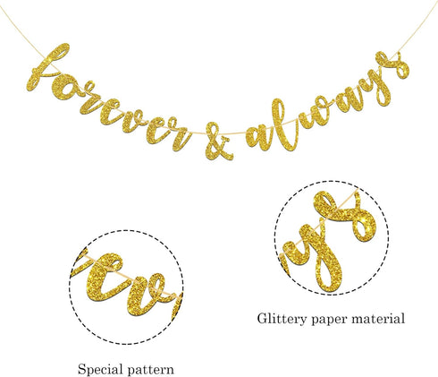 Forever & Always Banner for Bridal Shower,Engaged,Wedding Anniversary Party Decorations(Gold Glitter)...