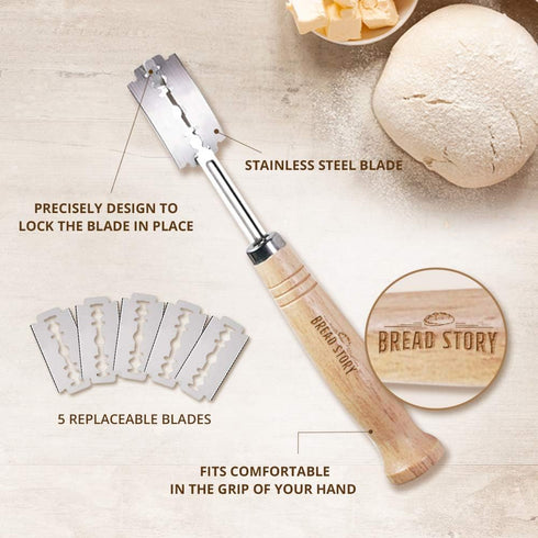 Bread Story Danish Whisk Dough Lame Slashing Tool And Wooden Scraper Tool Used for Pastry Baking Sourdough Starter Kit Set of 3...