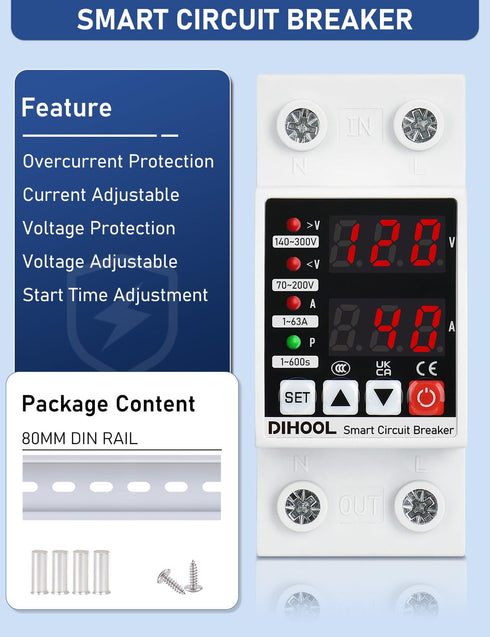 DIHOOL Smart Circuit Breaker with Adjustable Current, 110V 240V Voltage Protector high or low voltage cutoff protection device...