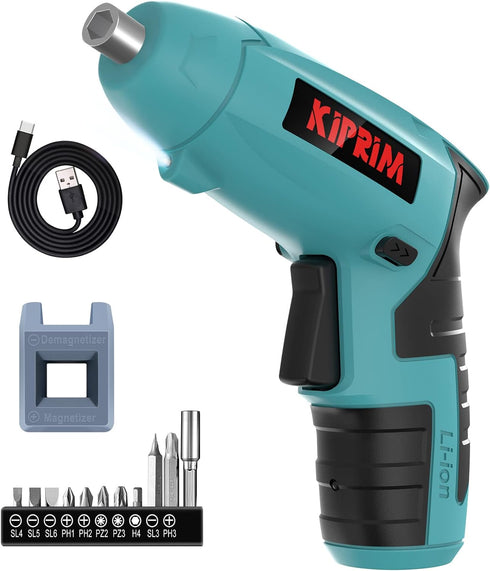 Small 4V Electric Screwdriver,Kiprim ES3 Cordless Screwdriver Tool with Rechargeable Battery,LED Front Light & Power Display Light for Home DIY Bl...