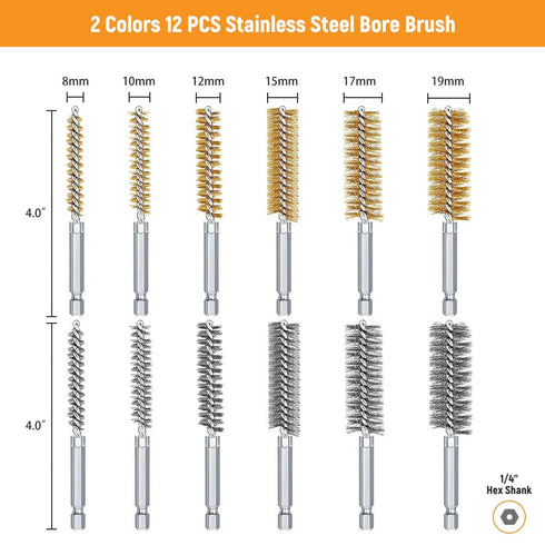 12 Pcs Bore Brush for Drill, Variety of Size Stainless Steel Cleaning Brush, Power Drill Impact Driver Pipe Hex Drill Shank Drill Wire Brush Set f...