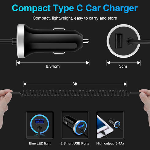 Android Car Charger Type C Cigarette Lighter Adapter with USB C Coiled Fast Charging Cable for Samsung Galaxy A15/A14 5G/A54/A53 5G/A23/A13/A03S/Z...