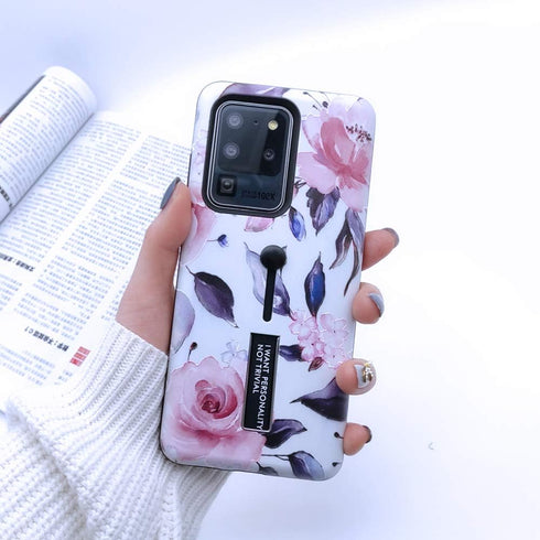 Compatible with Samsung Galaxy S20 Ultra Case Finger Grip,3D Embossed Pink Flowers White Shell Design, Rugged Shockproof Slim Fit Dual Layer Finge...