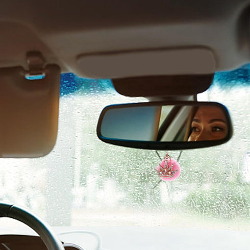 Pink Bling Car Accessories for Women Furry Pom Pom Crown with Pearl Chain Car Mirror Hanging Accessories for Women...