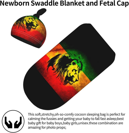 Baby Newborn Swaddle Blanket with Beanie Hat- Jamaican Lion Flag Pattern Receiving Blanket Sleep Sack for Girls Boys Infant Gifts...