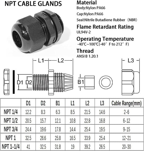 PENGLIN Cable Glands 1-1/4" NPT Nylon Cable Connector, Strain Relief Cord Connector, IP68 Waterproof Adjustable Locknut (1-1/4 Inch (5-Pack))...