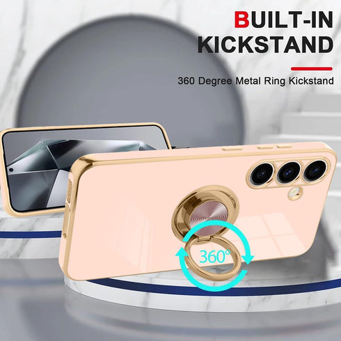KANGHAR Galaxy S24 Case with Phone Ring Stand Full Body Protection Plated Rose Gold Edge Luxury Case for Samsung Galaxy S24-Pink...