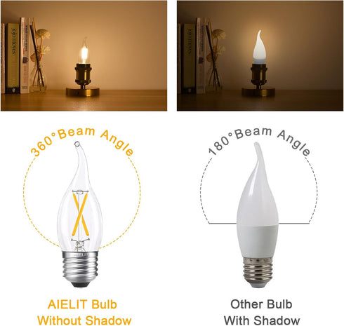 25W Equivalent E26 LED Bulb, Dimmable E26 Candelabra Light Bulbs, Energy Efficient 2W, Warm White 2700K, 200lm Flame Tip CA10 LED Candle Bulb for ...