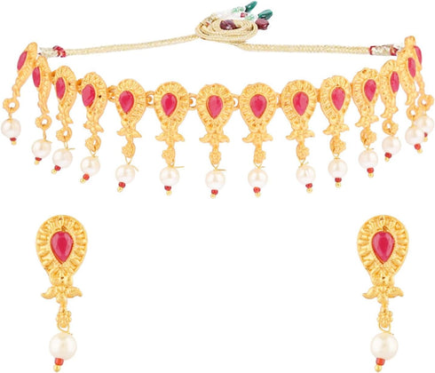 Efulgenz Indian Wedding Bridal Jewelry for Women Antique Gold Tone Floral Choker Necklace Faux Pearl Drop Dangling Earrings Kundan Bridal Set Indi...