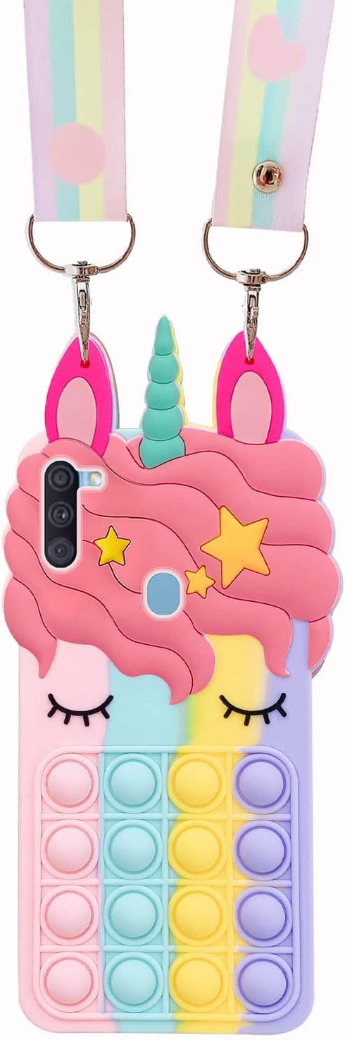 Fun Case for Samsung Galaxy A11, Fidget Toys Stress Relief Phone Case with Strap, Push Pop Bubble 3D Cartoon Funny Kawaii Cute Silicone Cover for ...
