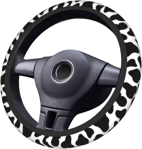 Black and White Cow Print Steering Wheel Cover Anti-Slip and Practical 14.5-15 Inch Universal Car Steering Wheel Cover with 2 Pieces Car Coasters ...