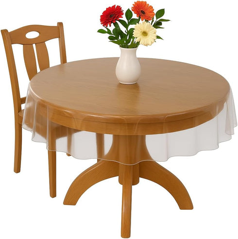 Dependable Industries inc. Essentials Clear Vinyl Tablecloth Protector – 70" Round Waterproof Plastic Cover with Sewn Edge, Spillproof & Easy to C...