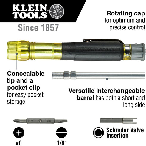 Klein Tools 32613 Multi-Bit Screwdriver, Precision HVAC 3-in-1 Pocket Screwdriver with Phillips, Slotted and Schrader Bits...