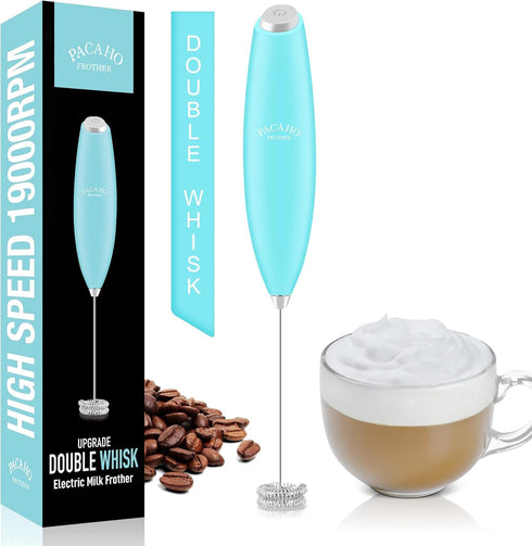 Powerful Milk Frother Wand with Double Whisk, Handheld Electric Foam Maker, Hand Coffee Mixer Wand, Portable Mini Blender Foamer Stirrer for Latte...