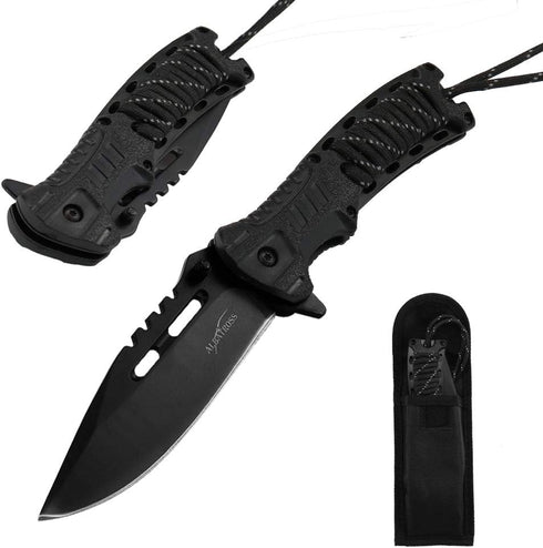 ALBATROSS Spring Assisted Folding Knife, 3.5" Black Blade, 4.75" Handle,Pocket Knife with Fire Starter, Paracord and Whistle, Liner Lock?Carrying ...