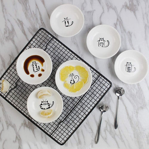FUYU 6pcs Cute Cat Ceramic Sauce Plate, Snack Plate, Side Dish, 4 inches...