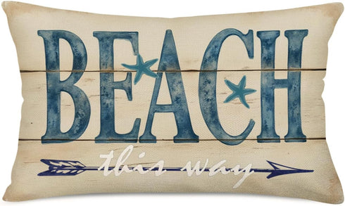 Tlovudori Ocean Beach Throw Pillow Covers Beach Quote Words with Coastal Sea Lobster Starfish Conch Decorative Cotton Linen Pillowcase Home Sofa C...