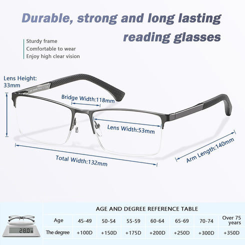 EYECEDAR 5-Pack Reading Glasses for Men Metal Half Frame Rectangular Style Spring Hinges Eyeglasses Mens Readers 1.50...