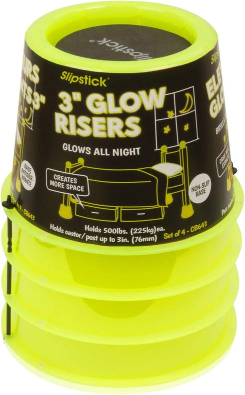 Slipstick CB643 3” Lift Glow in The Dark Bed Risers/Furniture Risers – Adds 3 inch Height for Under Bed Storage & Shows Bed Location in Dark (Set ...