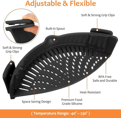YEVIOR Clip on Strainer for Pots Pan Pasta, Silicone Food Strainer Hands-Free Pan Strainer, Clip-on Kitchen Food Strainer for Spaghetti, Pasta, Gr...