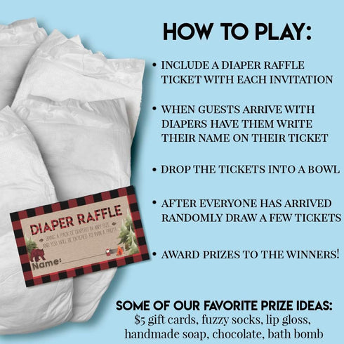 Amanda Creation Oh Boy! Outdoorsy Red and Black Plaid Lumberjack Diaper Raffle Tickets for Boy Baby Showers, 20 2" X 3” Double Sided Inserts, Brin...