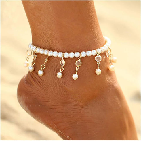 Boho Pearl Pendant Ankle Bracelet Gold Crystal Pearl Drop Anklet Bracelet Vintage Pearl Bead Chain Anklet Crystal Pearl Tassel Anklets Foot Chain ...